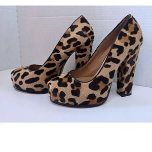 Steve Madden Leopard Calf Hair Platform Pumps Block Heel Animal Print 6.5